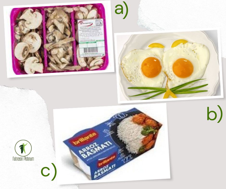 Setas con ajos y perejil, huevos a la plancha y arroz basmati.